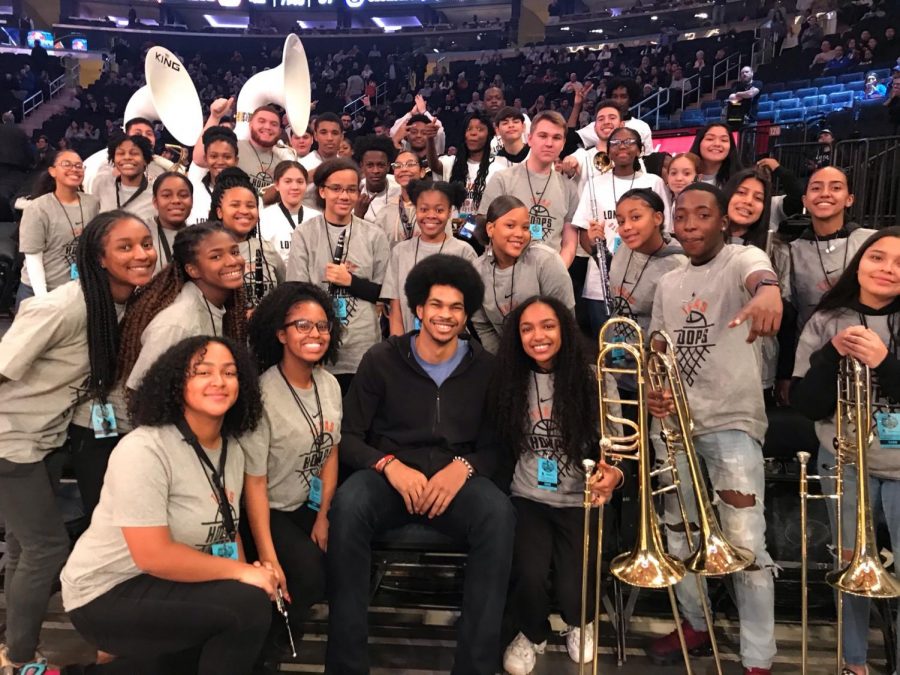 Above: DMAE Marching Band with Jarrett Allen at Madison Square Garden where they represented the Texas Longhorns and New Mexico Lobos basketball teams for the Empire and Roman Legends Classic tournaments by invitation. Right t to b: band members on jumbotron, playing, greeting players, and on the court.
